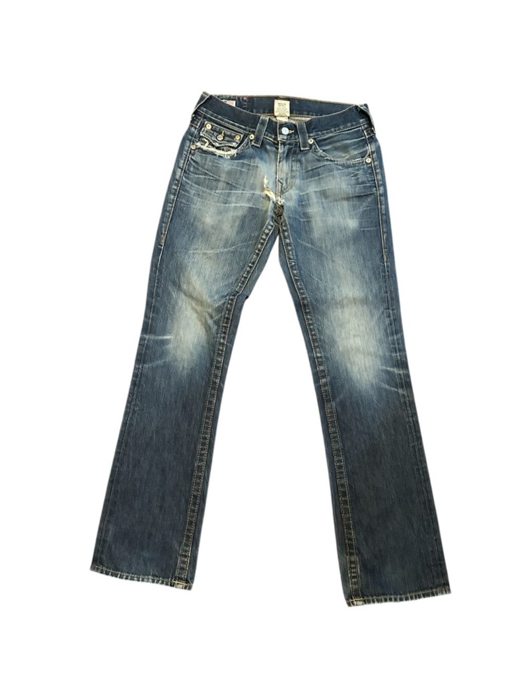 Vintage True Religion Ricky Jeans Mens 30x33 Blue Straight Leg Wide Stitch USA